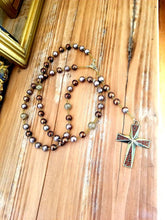 Load image into Gallery viewer, Handmade Rosary Necklace, Bronze Rhinestone Cross, Filigree & Glass Beads
