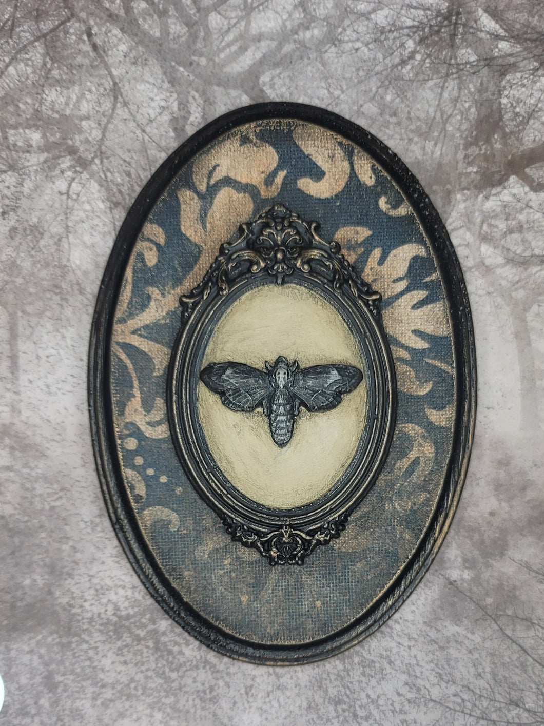 Ornate Oval Victorian Gothic Death Moth Plaque