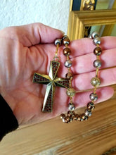 Load image into Gallery viewer, Handmade Rosary Necklace, Bronze Rhinestone Cross, Filigree &amp; Glass Beads
