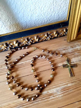 Load image into Gallery viewer, Handmade Rosary Necklace, Bronze Rhinestone Cross, Filigree &amp; Glass Beads
