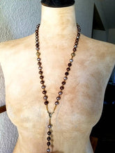Load image into Gallery viewer, Handmade Rosary Necklace, Bronze Rhinestone Cross, Filigree &amp; Glass Beads
