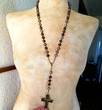 Load image into Gallery viewer, Handmade Rosary Necklace, Bronze Rhinestone Cross, Filigree &amp; Glass Beads
