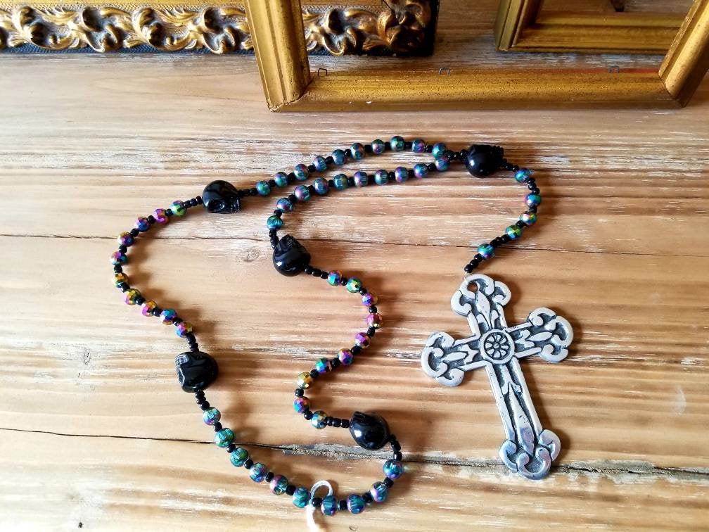 Rosary, Beaded Rosary Necklace, Skull, Gothic, Dia de los Muertos, Prayer Beads
